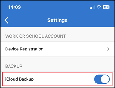 The Microsoft Authenticator cloud backup button. 